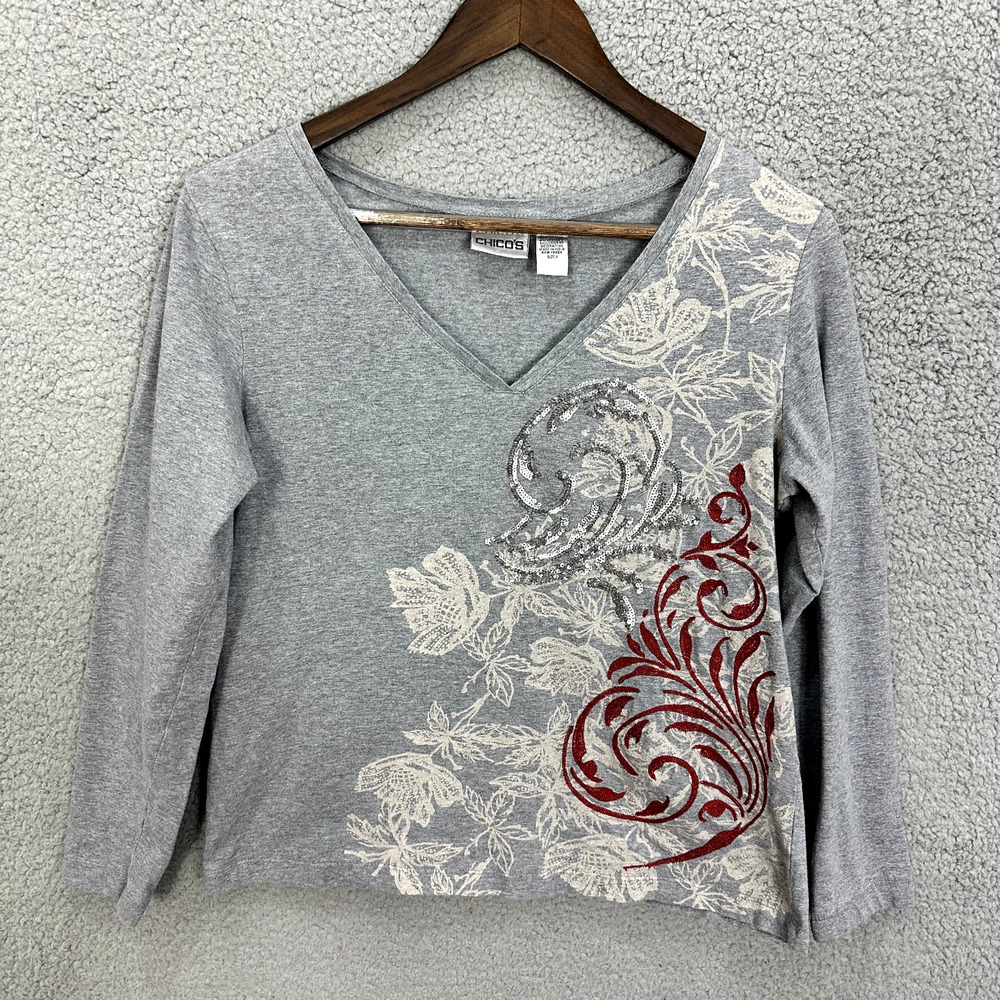 Chicos Top Womens 1 Small Gray Floral Long Sleeve Sequin Cotton Boho Artsy